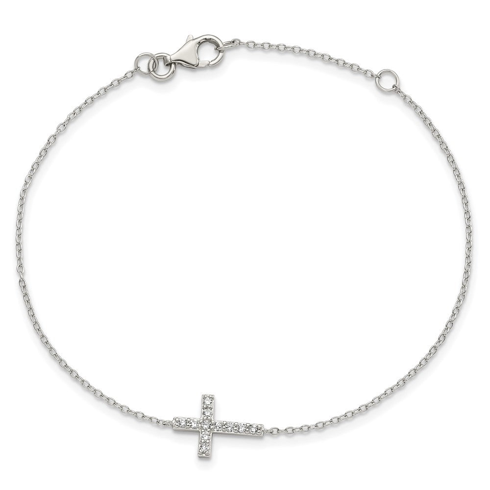 Sterling Silver Rhodium-plated CZ Sideways Cross w/1in Ext Bracelet 7 inches