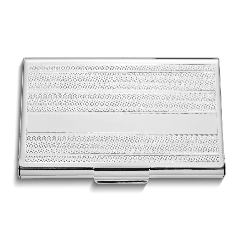 Silver-tone Textured Business Card Case with Polished Engraving Stripe QGP7880