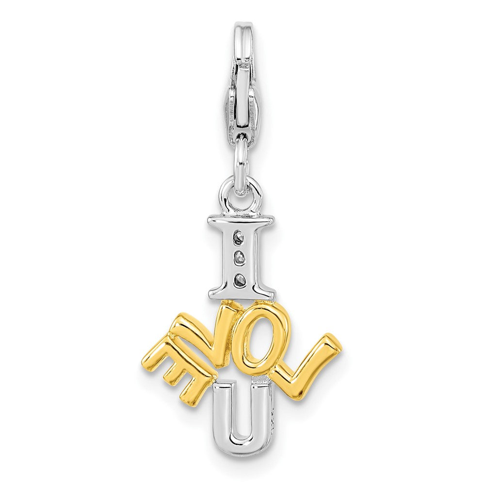Amore La Vita Sterling Silver Rhodium-plated and Gold-plated Polished CZ I LOVE U Charm with Fancy Lobster Clasp