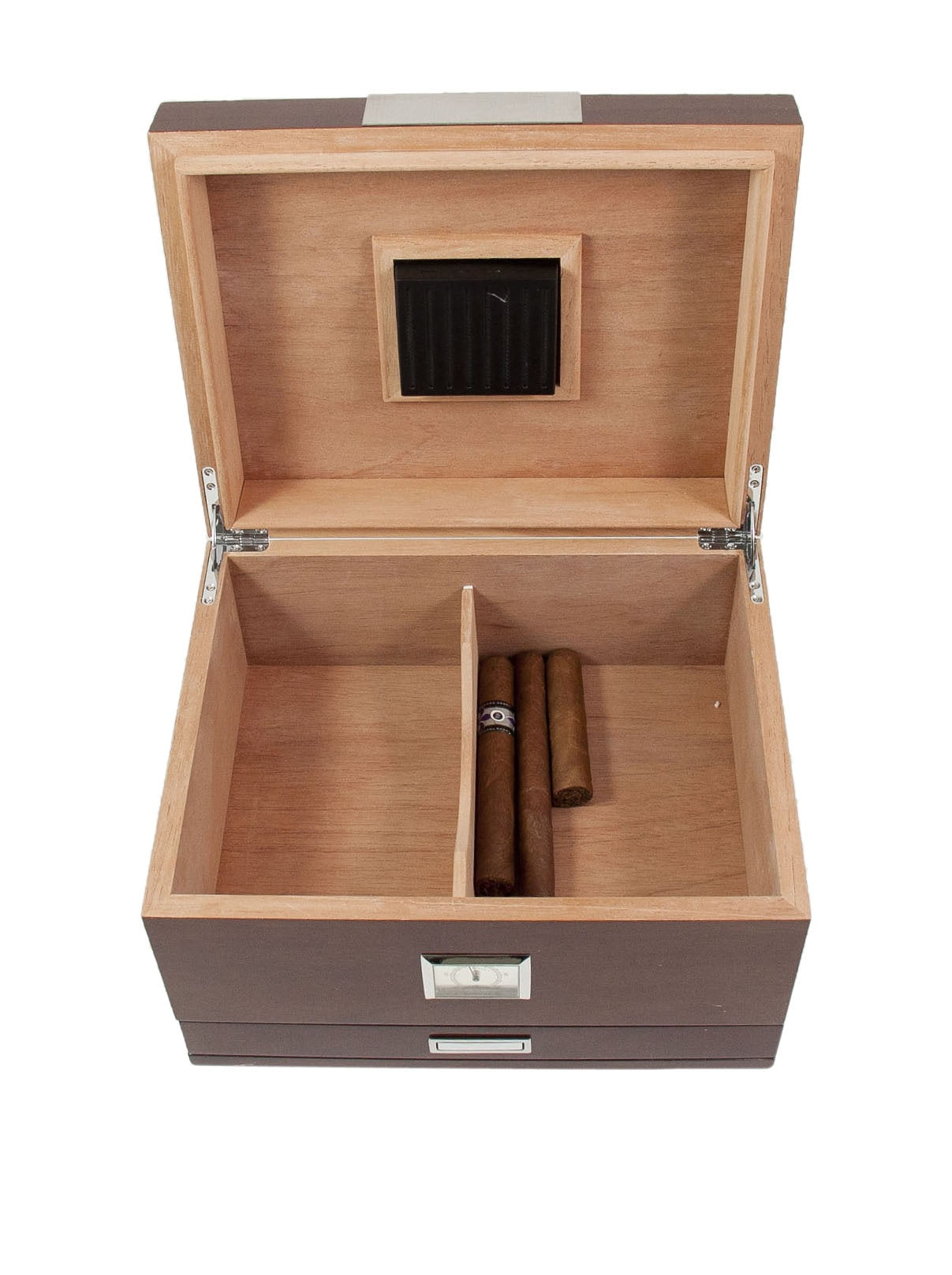 Lacquered Walnut Finish Wood 60-Cigar Humidor with Accessory Drawer Spanish Cedar Lining Humistat and External Hygrometer QGM8871