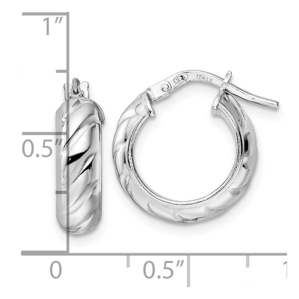 Sterling Silver Rhod-plated Polished Textured Hoop Earrings