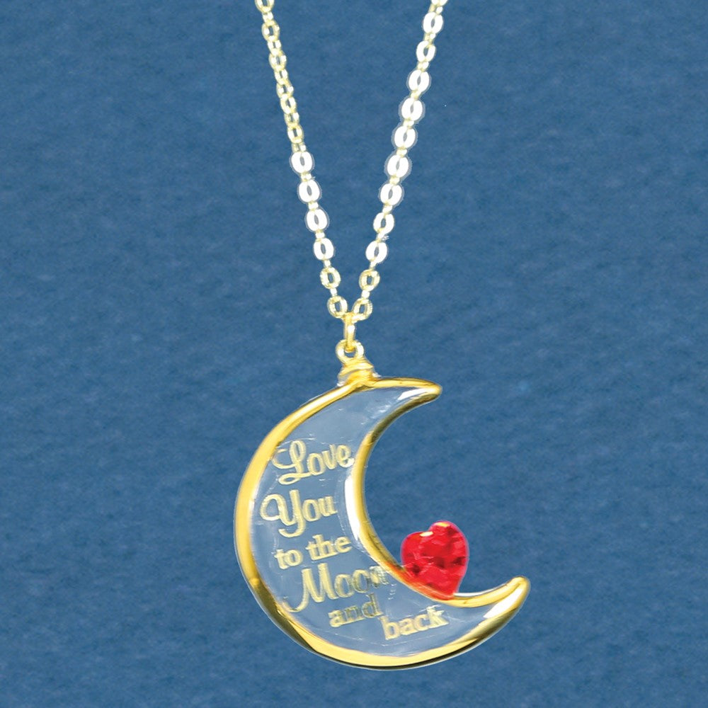 Glass Baron 22K Gilding Accent Gold-trim Clear Glass with Red Crystal from Swarovski Heart LOVE YOU TO THE MOON AND BACK 18 inch Gold-tone Necklace Q-GM15179