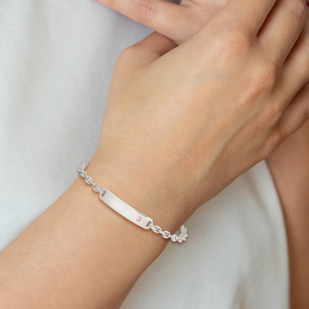 Sterling Silver Polished ID with Pink CZ Bracelet 7.5 inches