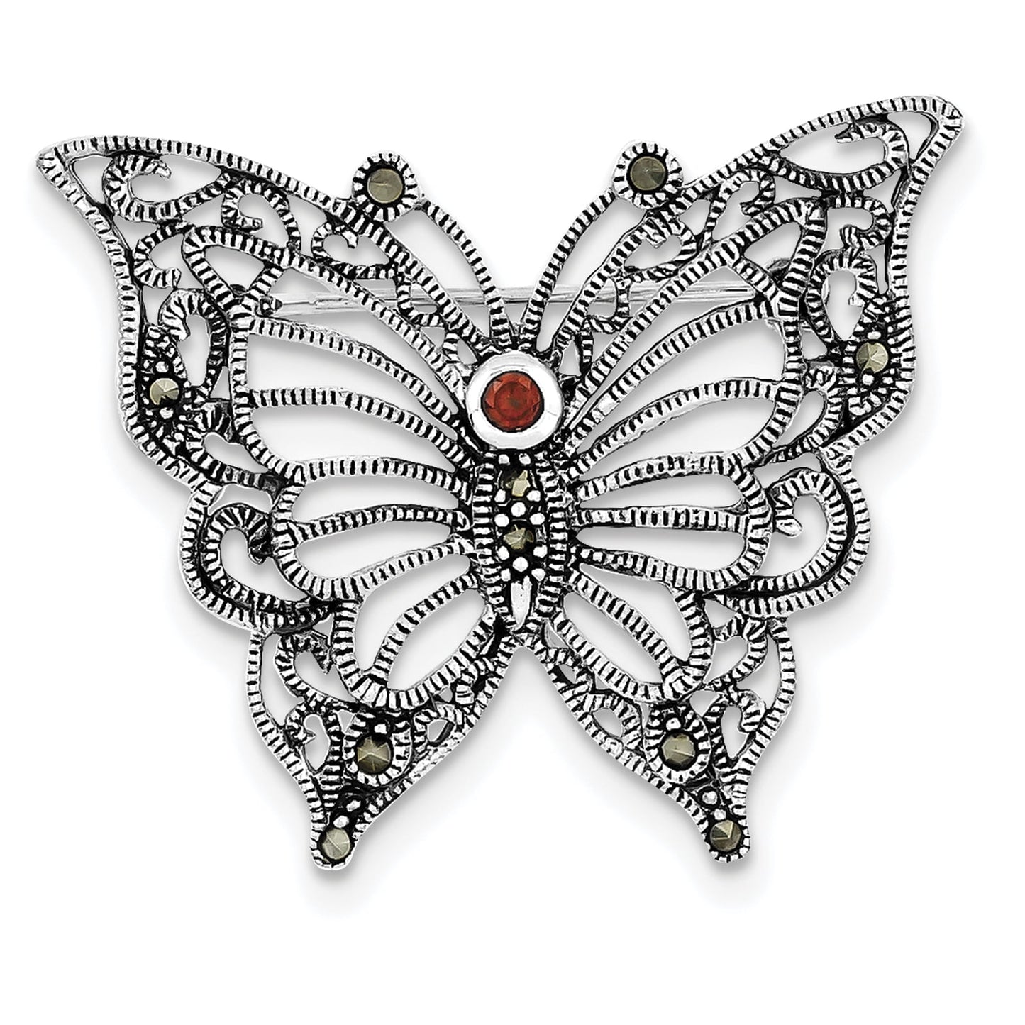 Sterling Silver Marcasite Red CZ Butterfly Pin