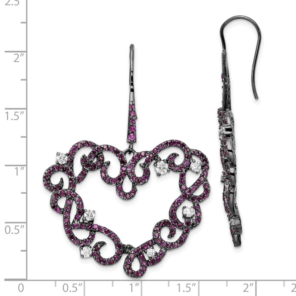 Sterling Silver Black RH-plated Synthetic Ruby Heart Shape & CZ Earrings