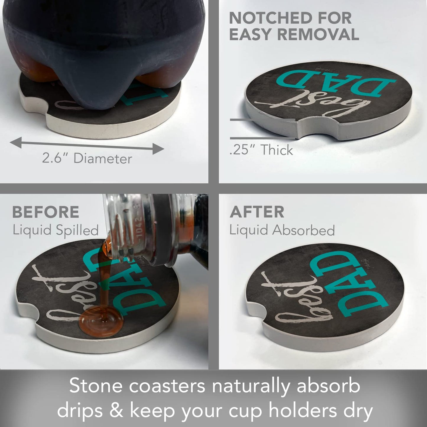 CounterArt "Best Dad" 1 Pack Absorbent Stone Coaster for Vehicle Cup Holder 2.6” Diameter