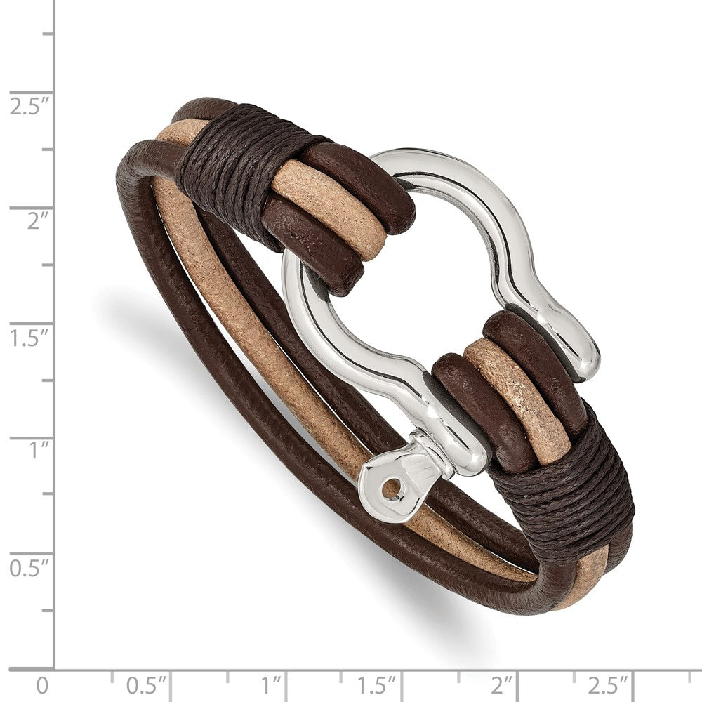 Stainless Steel Polished D.Brown/Tan Leather MultiStrand Shackle Bracelet 8.25 inches