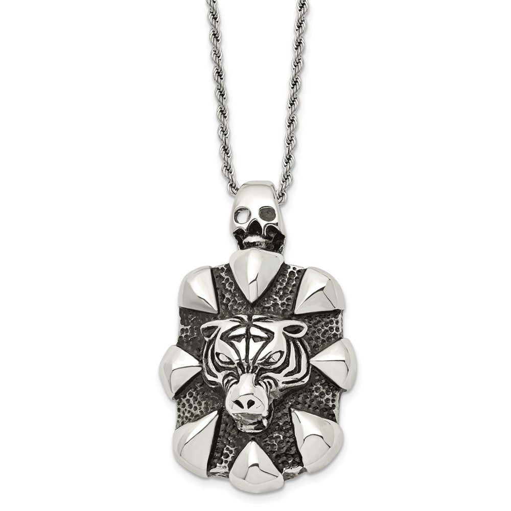 Stainless Steel Antiqued and Polished Tiger and Skull 20in Necklace