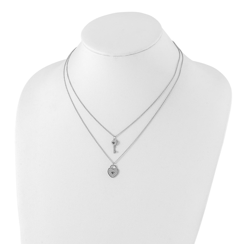 Sterling Silver Rhodium-plated CZ Heart Lock/Key w/2in ext Necklace 16 Inches