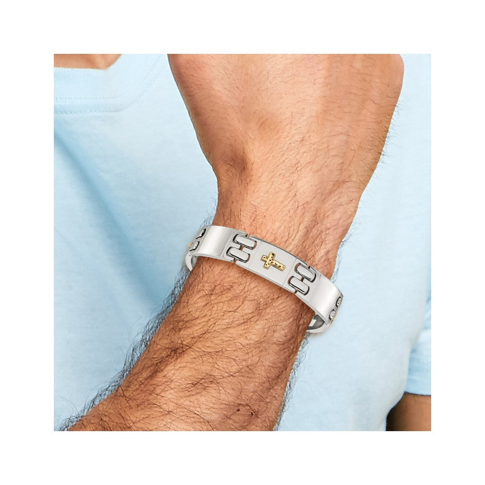 Chisel Stainless Steel Polished with Diamond-cut 14K Gold Accent Cross 8 inch Link Bracelet 8 inches