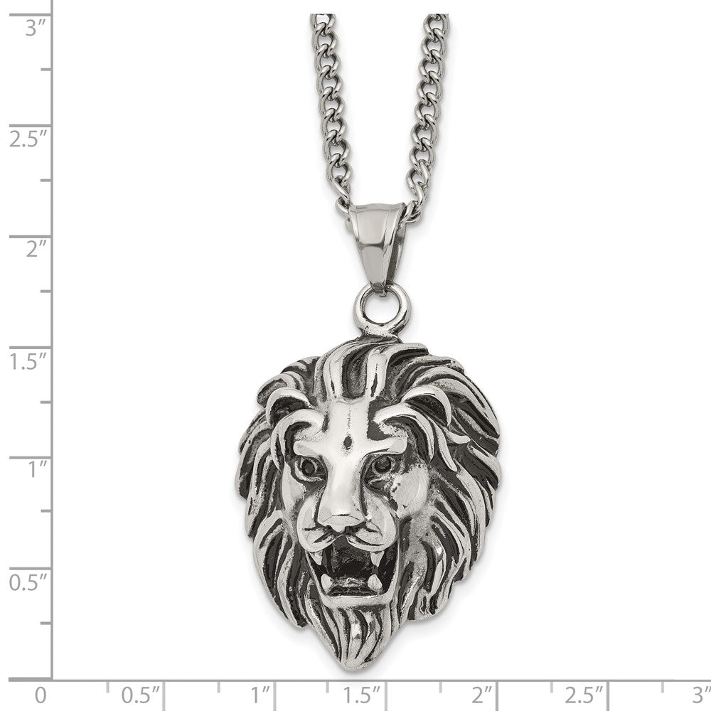 Stainless Steel Antiqued and Polished Lion Head 24in Necklace