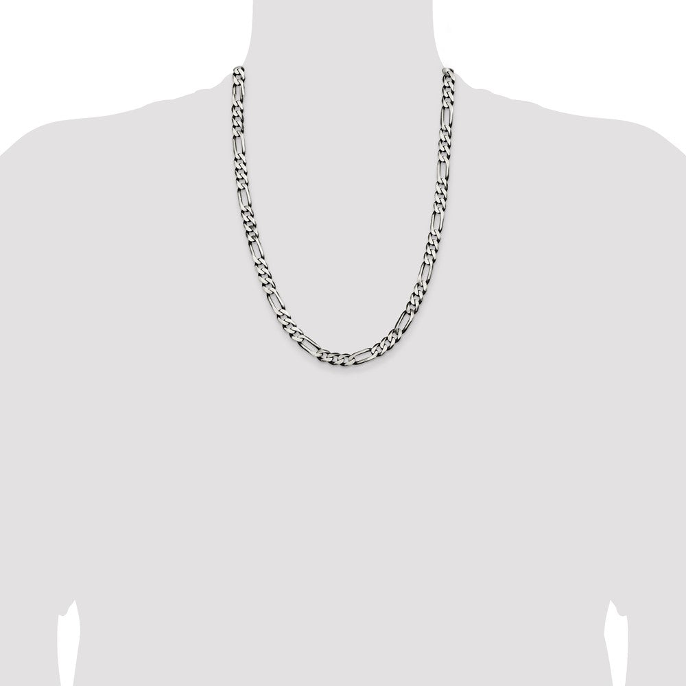Sterling Silver Antiqued 7.5mm Figaro Chain 24 Inches