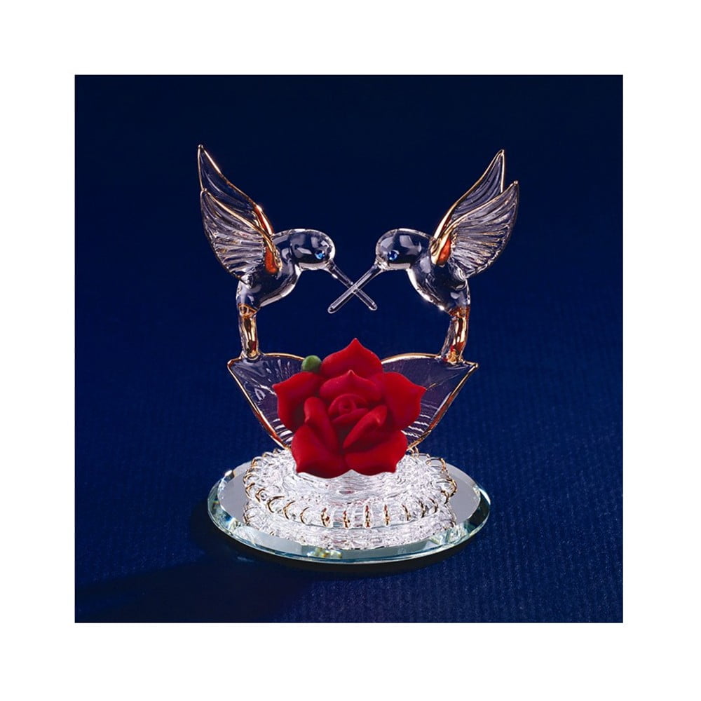 Hummingbirds & Red Rose Glass Figurine