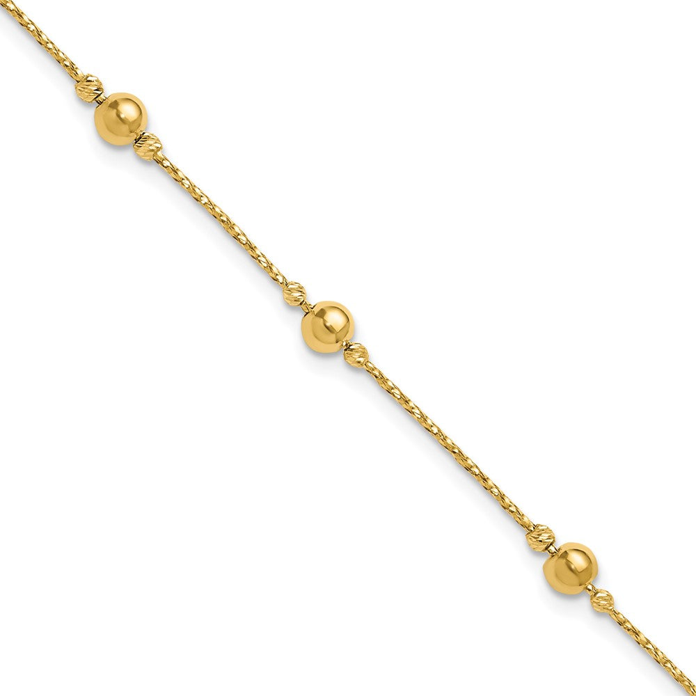14K Polished/Textured/Dia-cut Beads w/1in ext. Bracelet