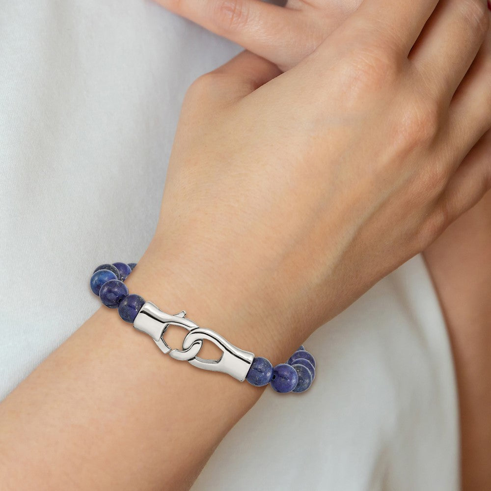 Stainless Steel Polished Genuine Lapis Beaded 9in Bracelet 9 inches