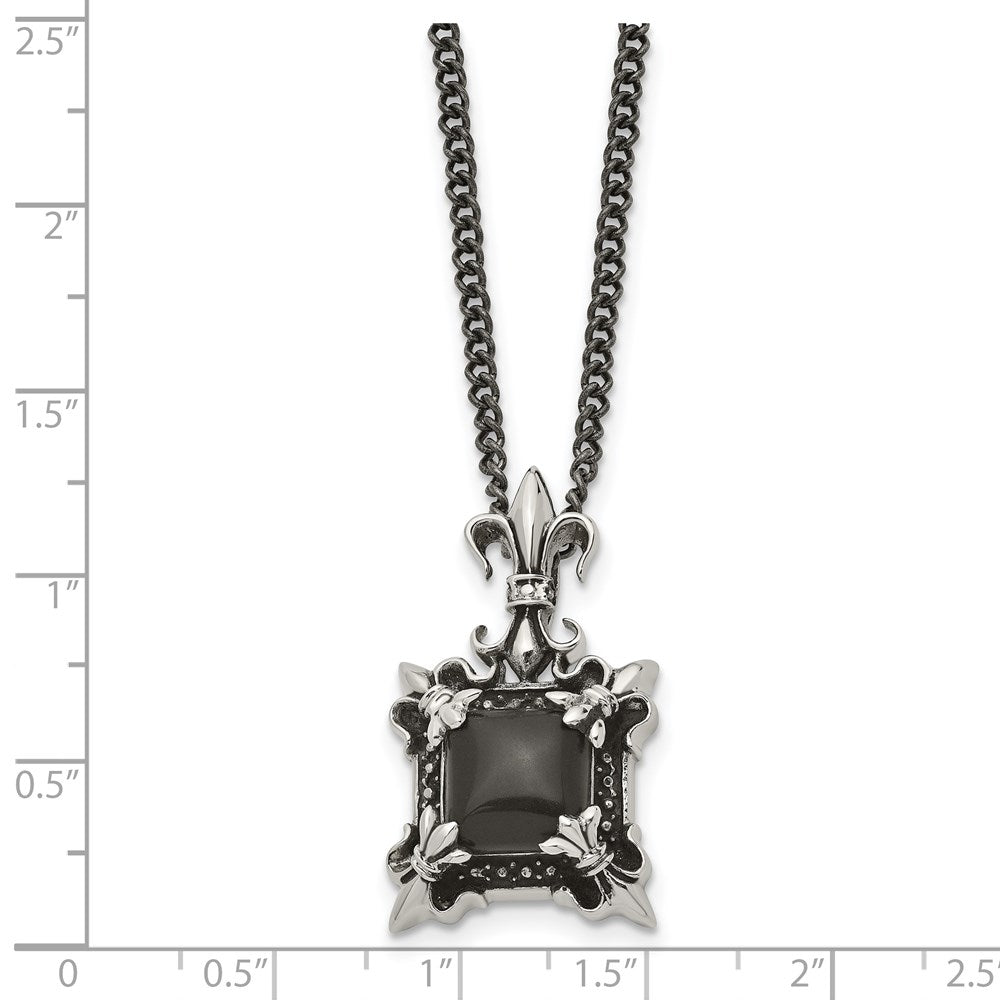 Stainless Steel Antiqued & Polished w/Black Agate Fleur de lis Necklace