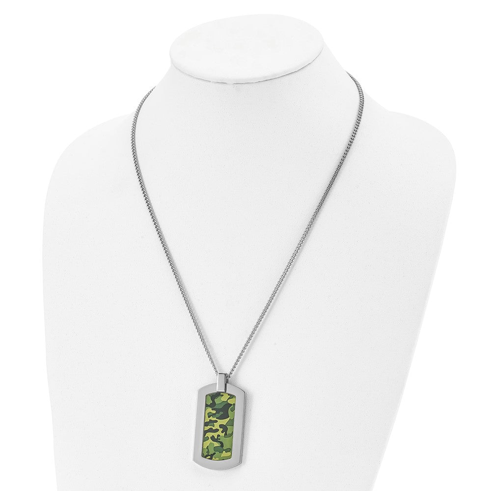 Stainless Steel Polished Printed Green Camo Under Rubber Necklace