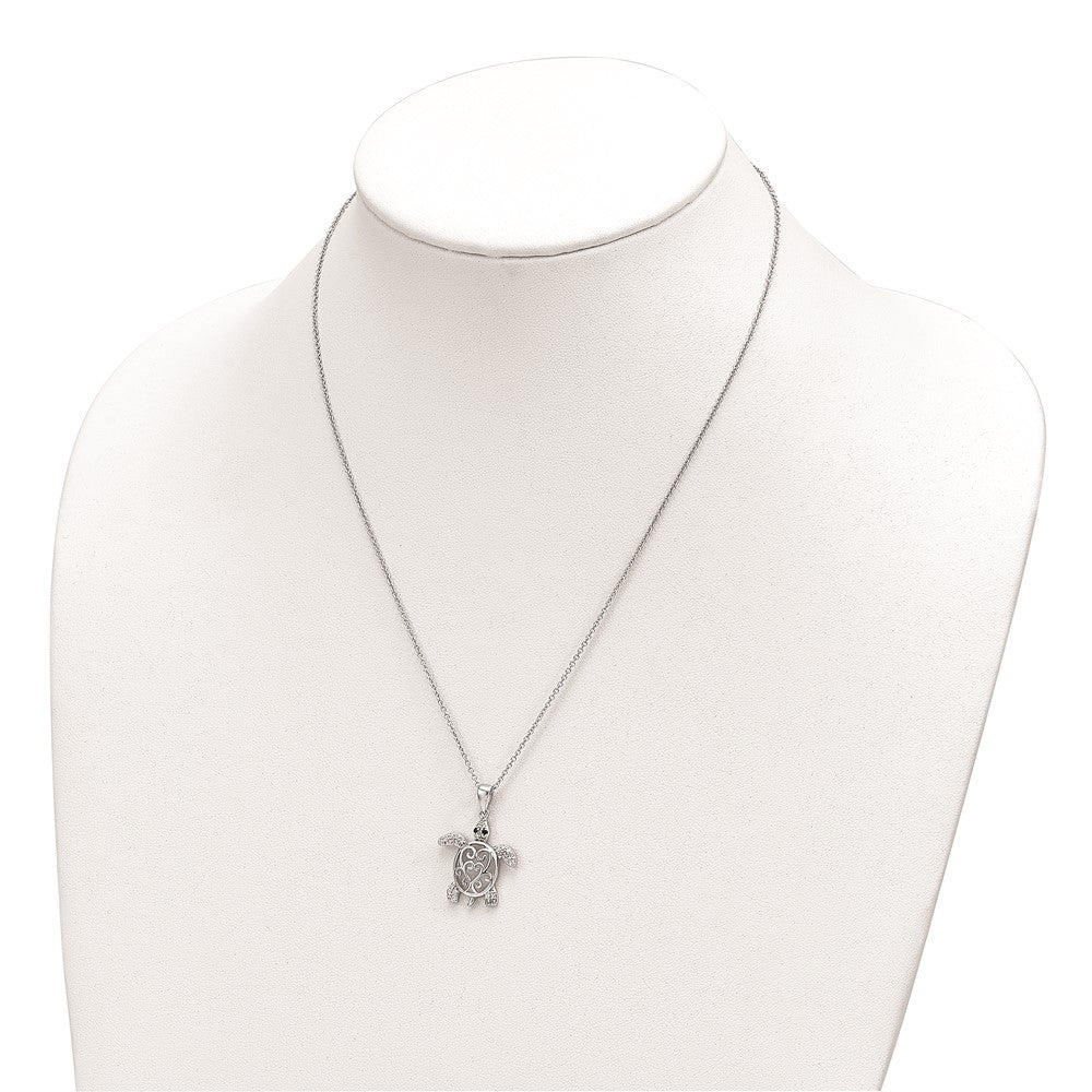 Cheryl M Sterling Silver Rhodium-plated Brilliant-cut Black Glass and Brilliant-cut White CZ Filigree Turtle 18 Inch Necklace 18 Inches