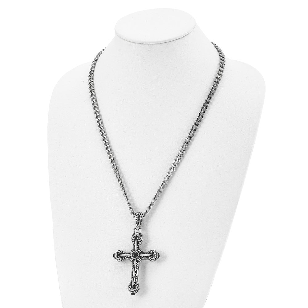 Stainless Steel Antiqued Cross w/Synthetic Black Agate 24in Necklace