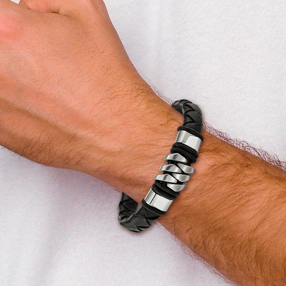 Stainless Steel Brushed and Polished Black Leather w/.5in ext. Bracelet 8 inches