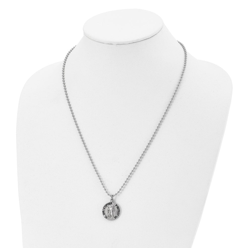 Stainless Steel Brushed and Enameled St. Christopher Medal 22in Necklace