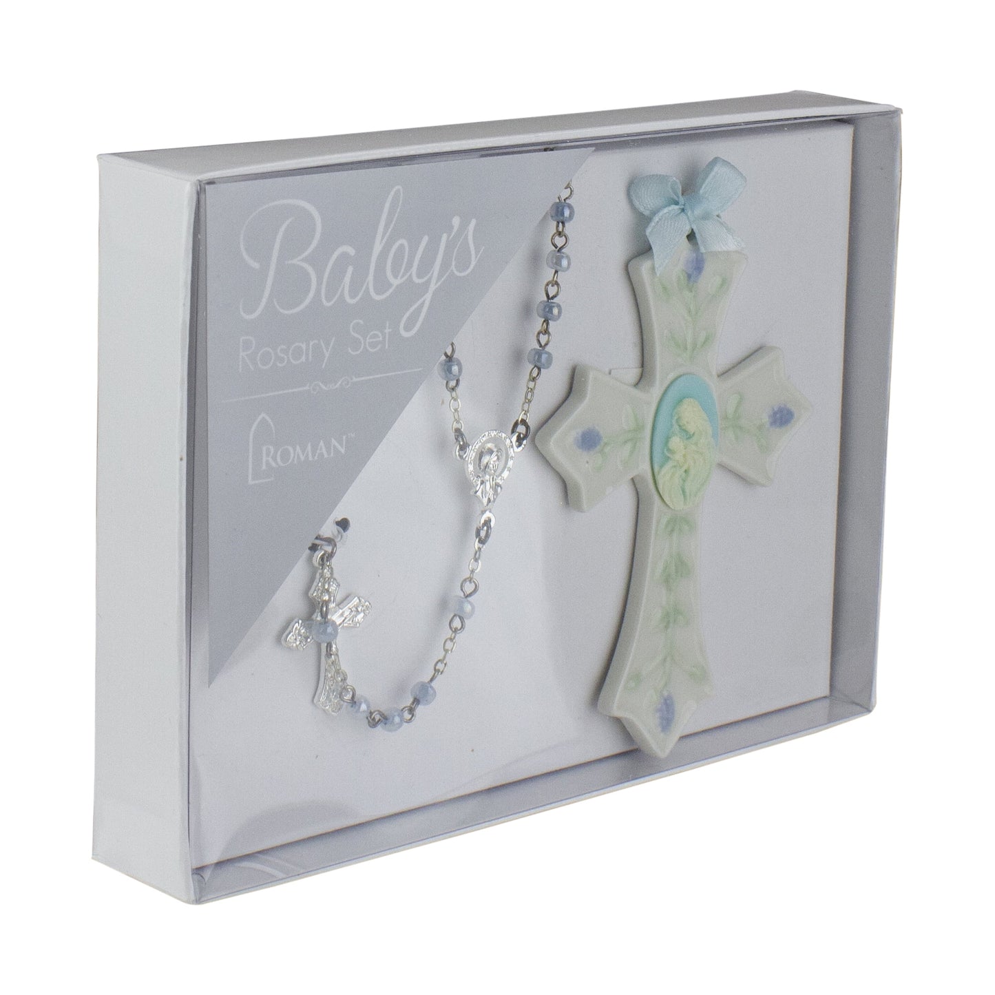 Religious Baby Boy Beaded Rosary and Porcelain Cross 2-Piece Set