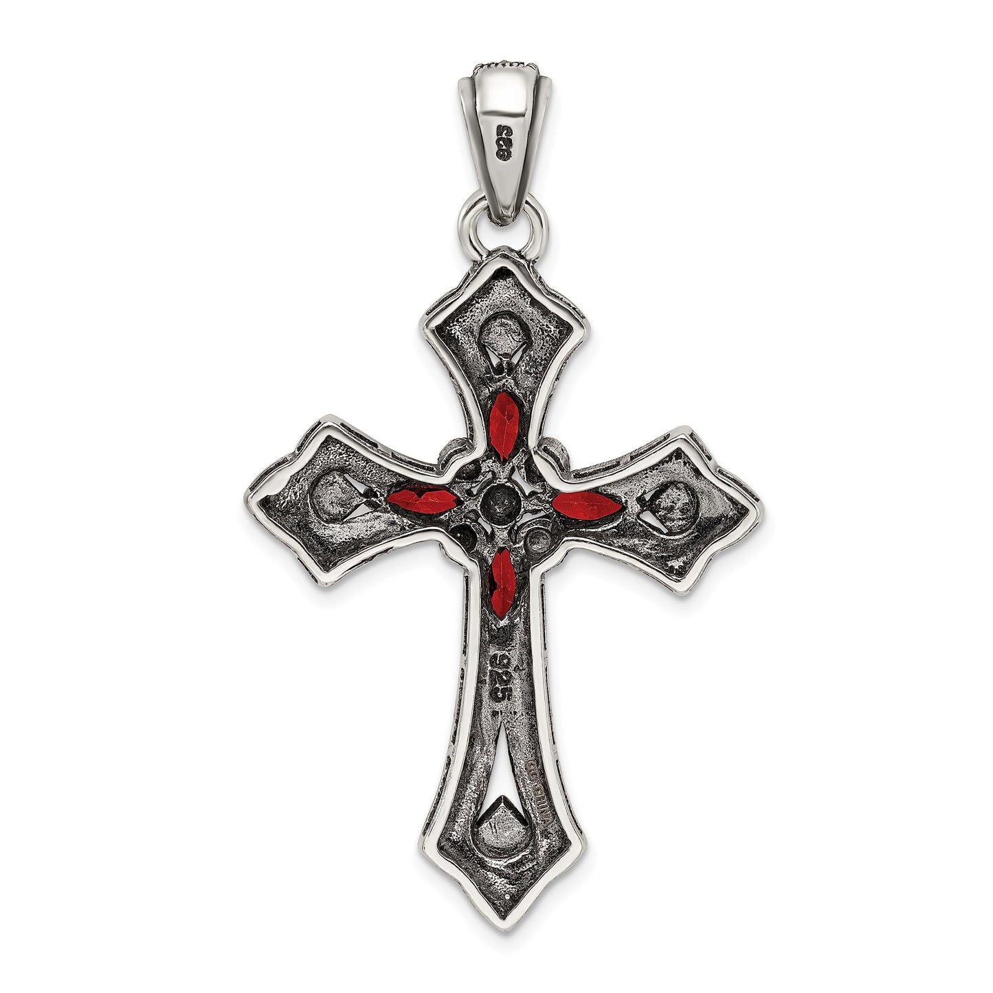 Sterling Silver Antiqued Red Marquise CZ Marcasite Cross Pendant