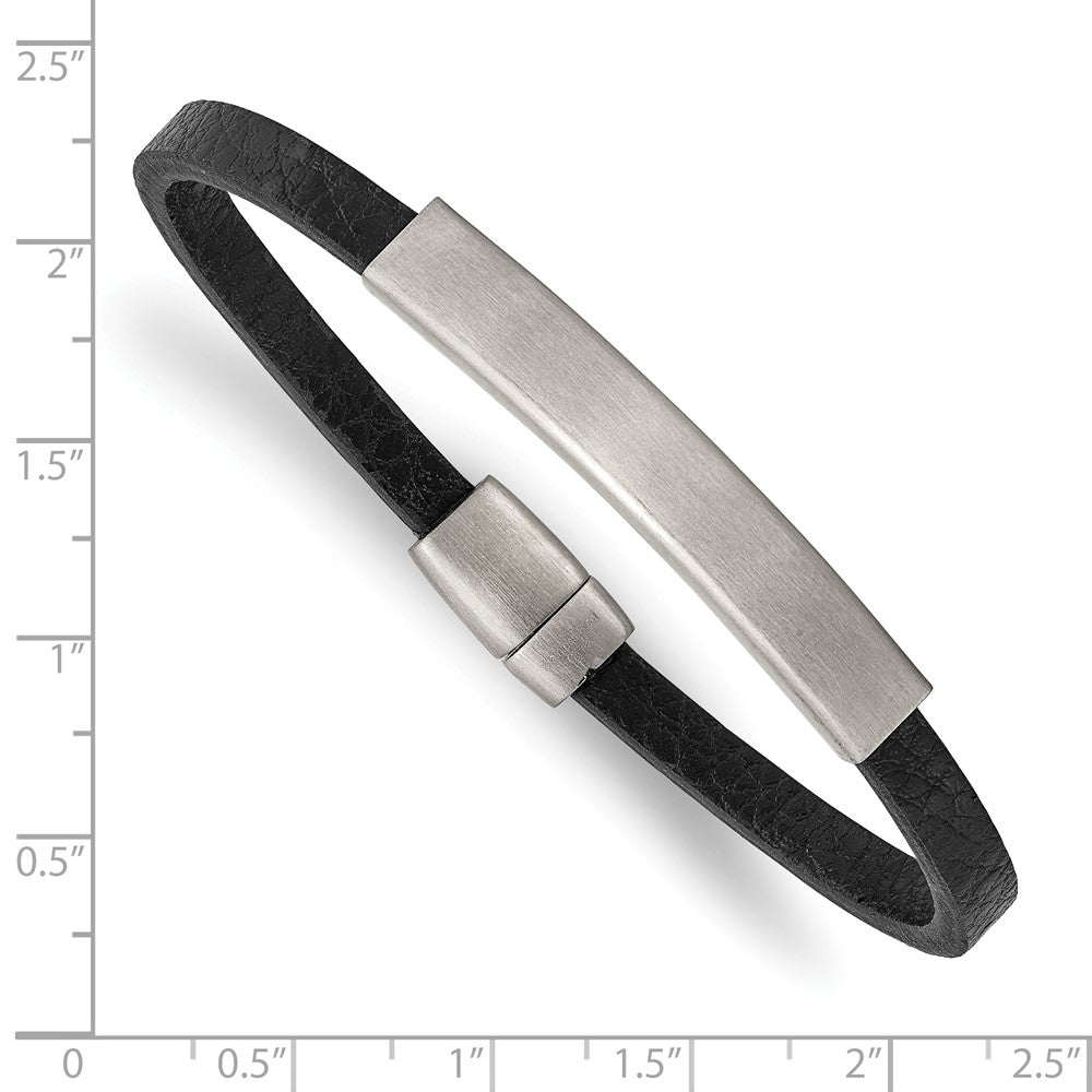 Stainless Steel Brushed Textured Black PU Leather 8.25in ID Bracelet 8.25 inches