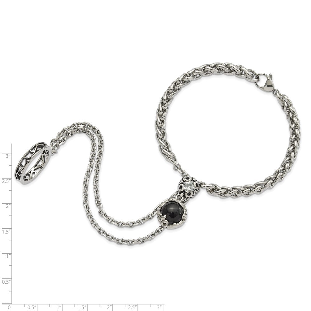 Stainless Steel Polished & Antiqued Crystal & Glass Fleur de Lis Connected Ring Bracelet