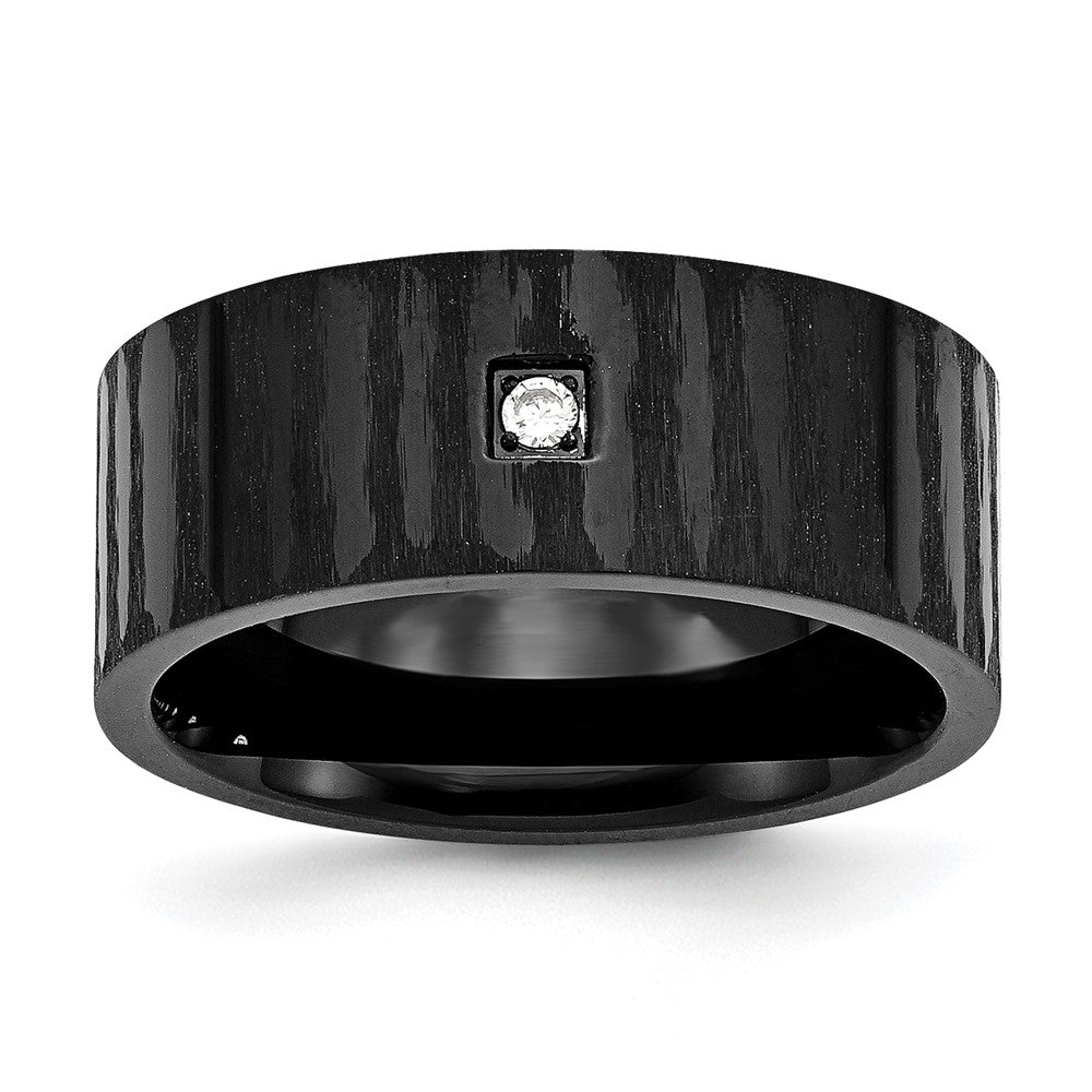 Stainless Steel Brushed and Polished Black IP-plated w/CZ 9mm Flat Band Size - 11