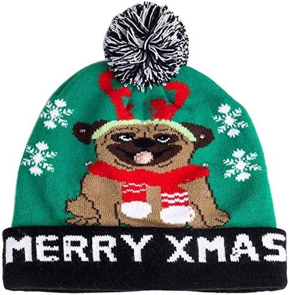 Christmas Themed Light Up Beanie With LED Lights (Merry Xmas Pug)