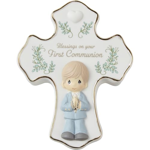 Precious Moments Hand-painted Porcelain Boy Cross-shaped Communion Rosary Box with Silver-tone Rosary