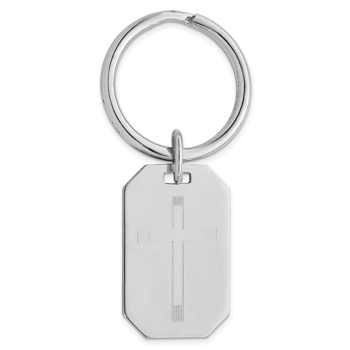 Solid Polished Patterned Rhodium Plated Religious Faith Cross Engravable Key Ring - Key Chain for Men