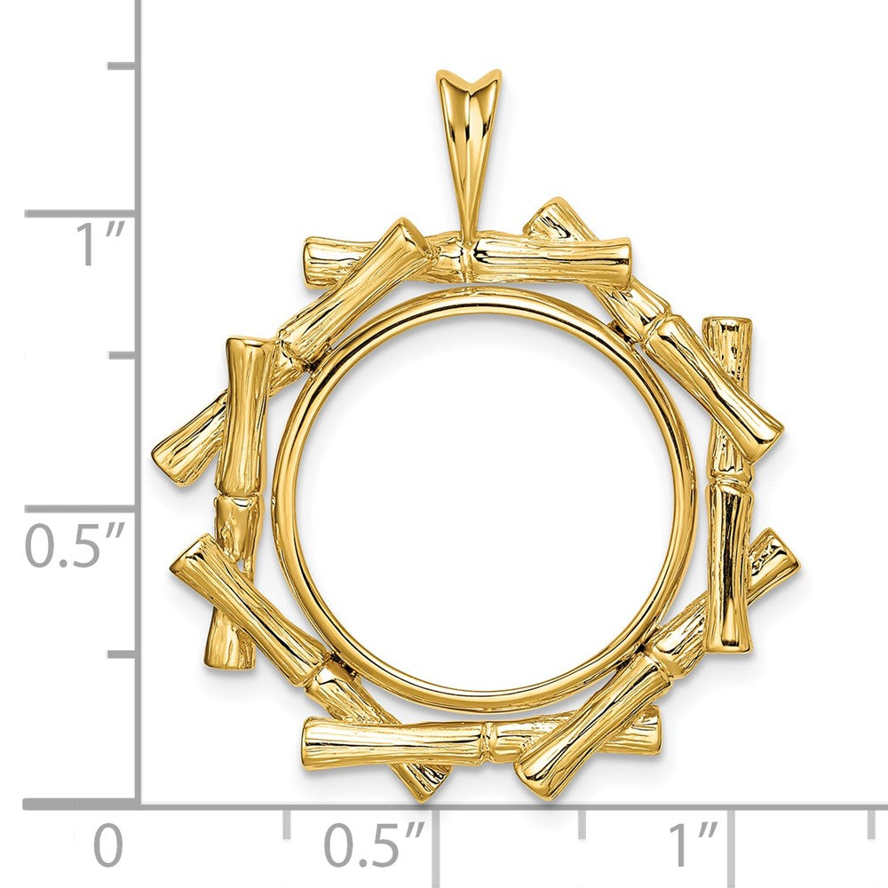 Wideband Distinguished Coin Jewelry 14k Polished and Textured Overlap Bamboo 18.0mm Prong Coin Bezel Pendant