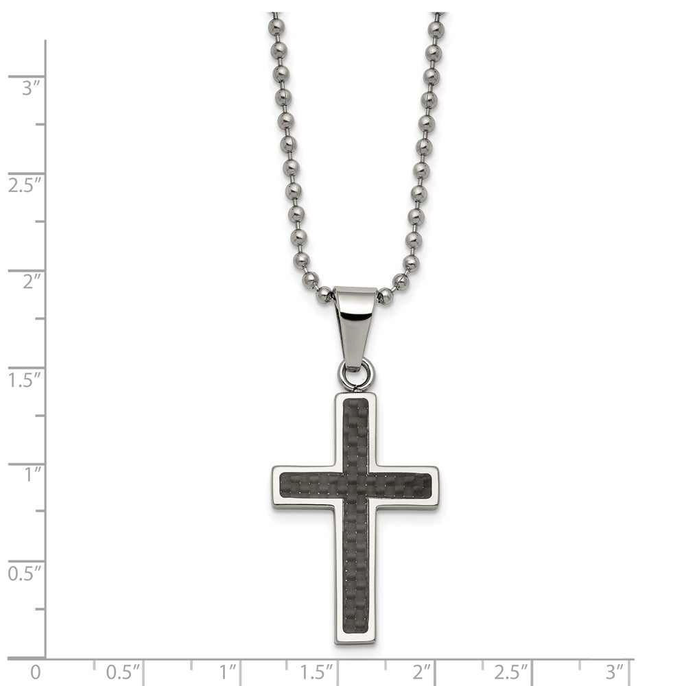 Stainless Steel Polished w/Carbon Fiber Inlay Cross 22in Necklace