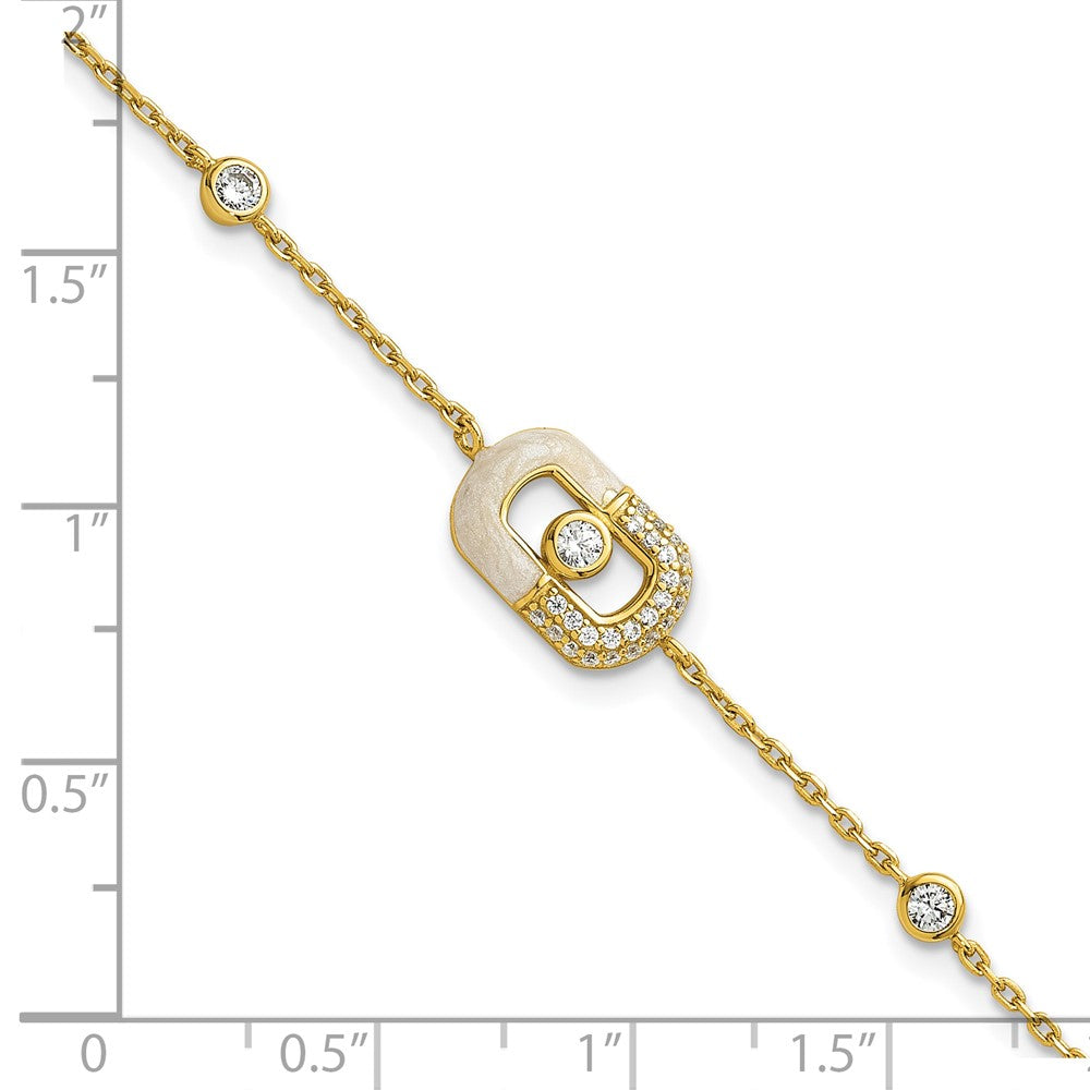 Sterling Silver Gold-tone CZ and Champagne Enamel Rectangle 7 inch with 0.5 inch Extension Bracelet