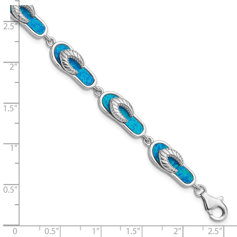 Sterling Silver Rhodium-plated 7in Created Blue Opal Inlay Sandal Bracelet 7 inches