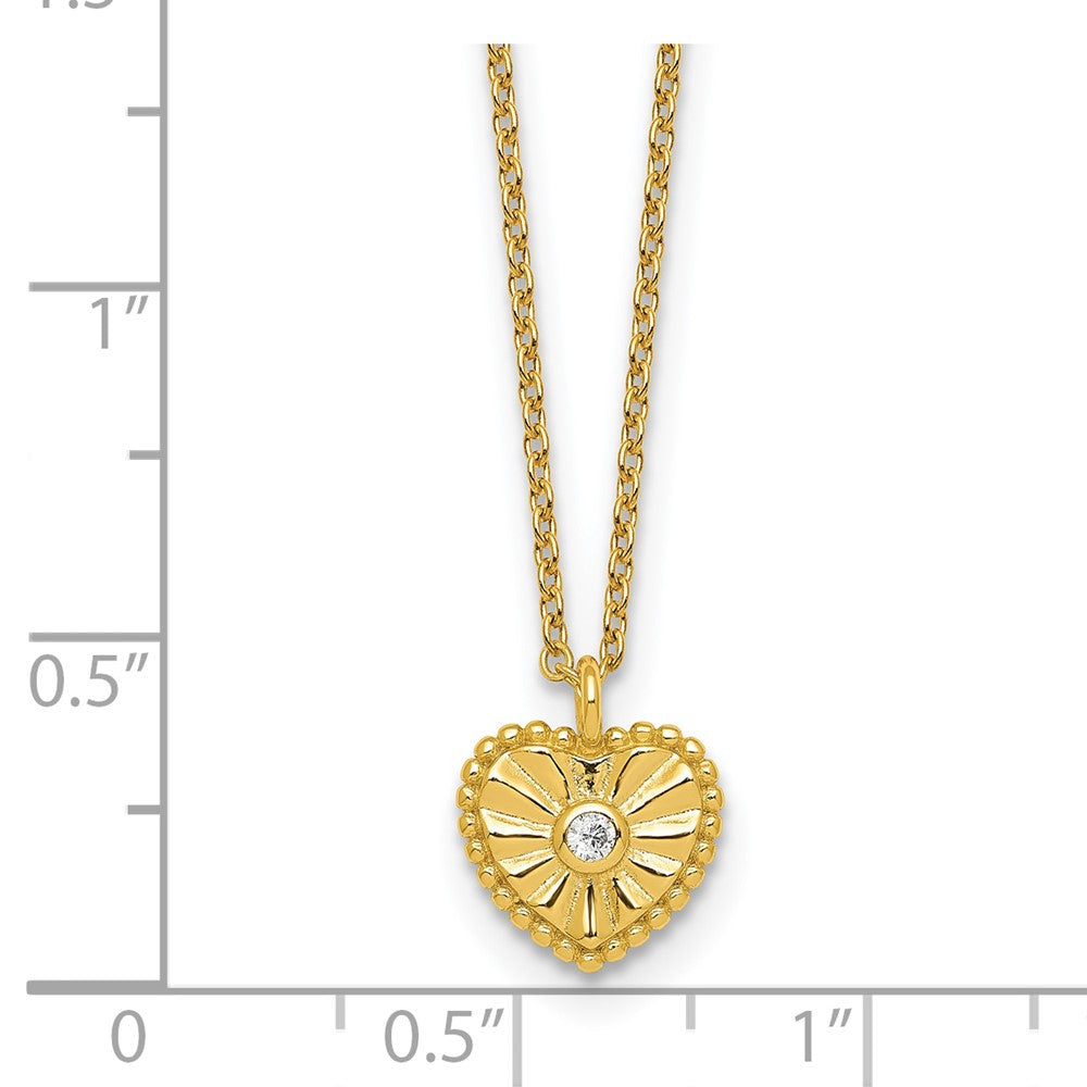 Sterling Silver Gold-tone Polished Beaded and Textured CZ Heart 16 Inch with 2 Inch Extension Necklace 16 Inches