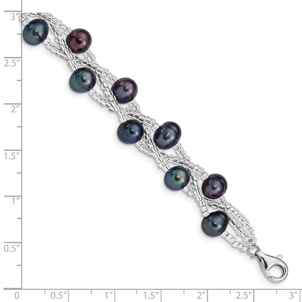 Sterling Silver Rhodium-plated 7-9mm Black Semi-Round Freshwater Cultured Pearl and Glass Beaded 7.5 inch Bracelet 7.5 inches