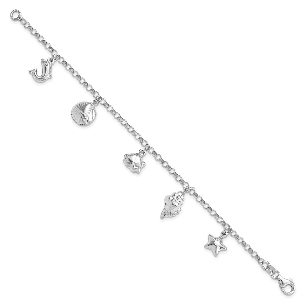 Sterling Silver Rhodium-plated Beach Theme 7 inch Charm Bracelet 7 inches