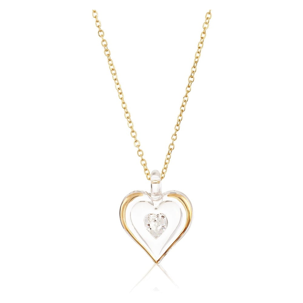 Glass Baron 22K Accent Gilding Gold-trim Glass with Clear April Birthstone Crystal Heart 18 inch Gold-tone Necklace