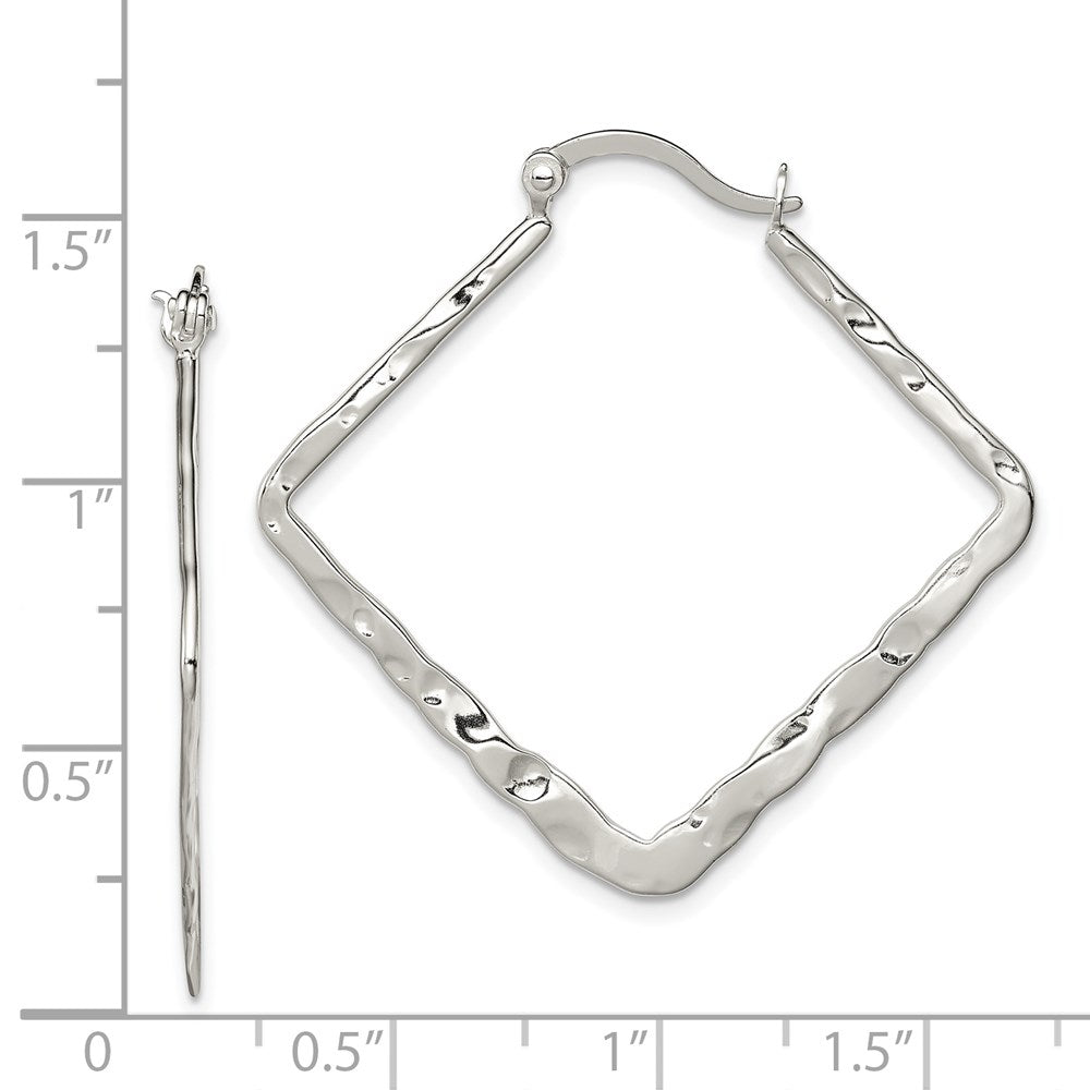 Sterling Silver Rhod-pltd Polished/Hammered Square Hoop Earrings