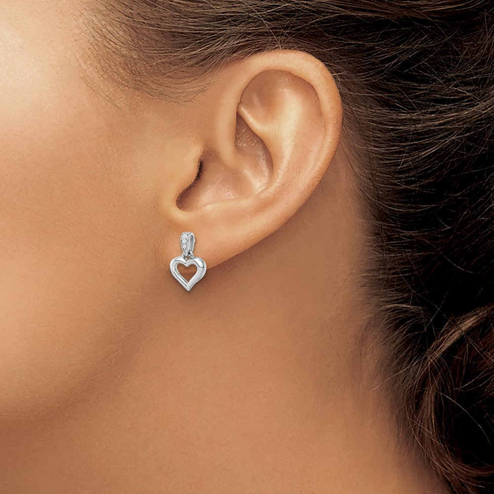 Sterling Silver RH Polished CZ Heart Post Dangle Earrings