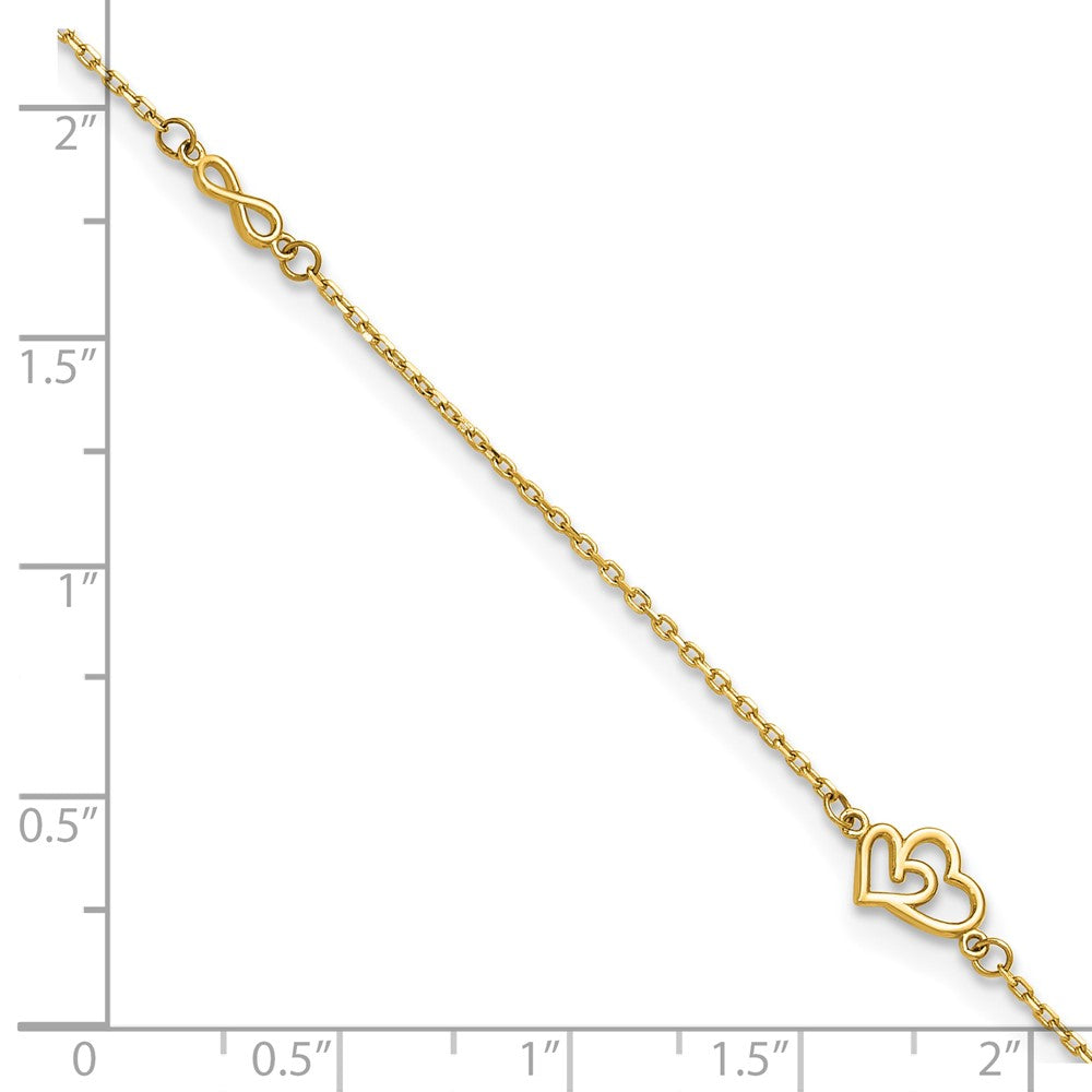 14k Polished Double Hearts and Infinity 9 inch with 1 inch Extension Anklet