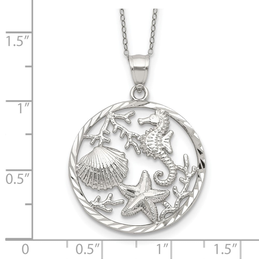 Sterling Silver Rhodium-plated Seahorse, Starfish and Shell Pendant 18 Inches