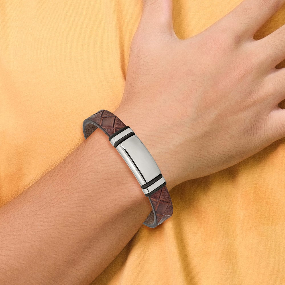 Stainless Steel Polished Brown Faux Leather w/ Black Rubber ID Bracelet 8.25 inches