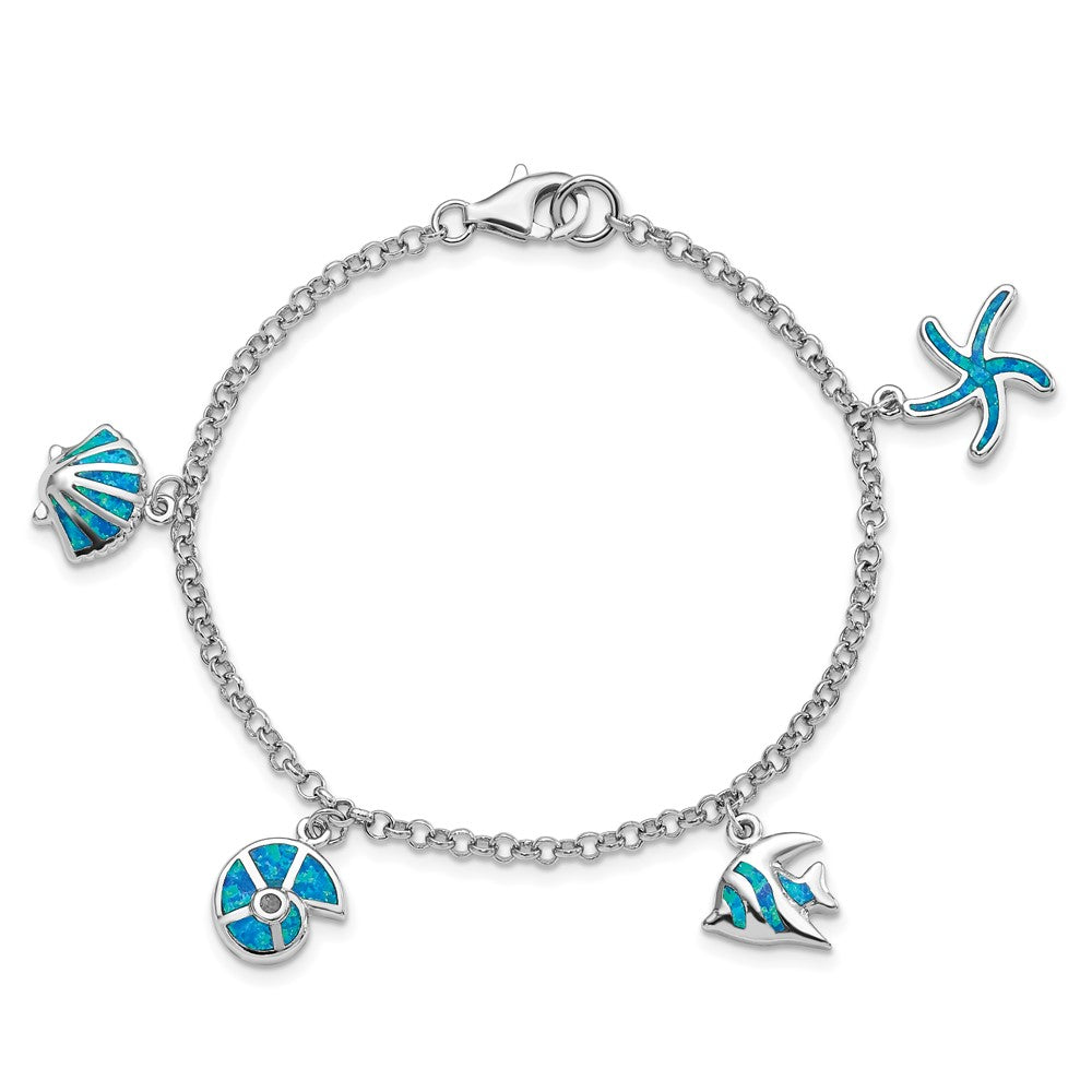 Sterling Silver Rhodium Created Opal Fish and Shells Charm 7.25 inch Bracelet 7.25 inches