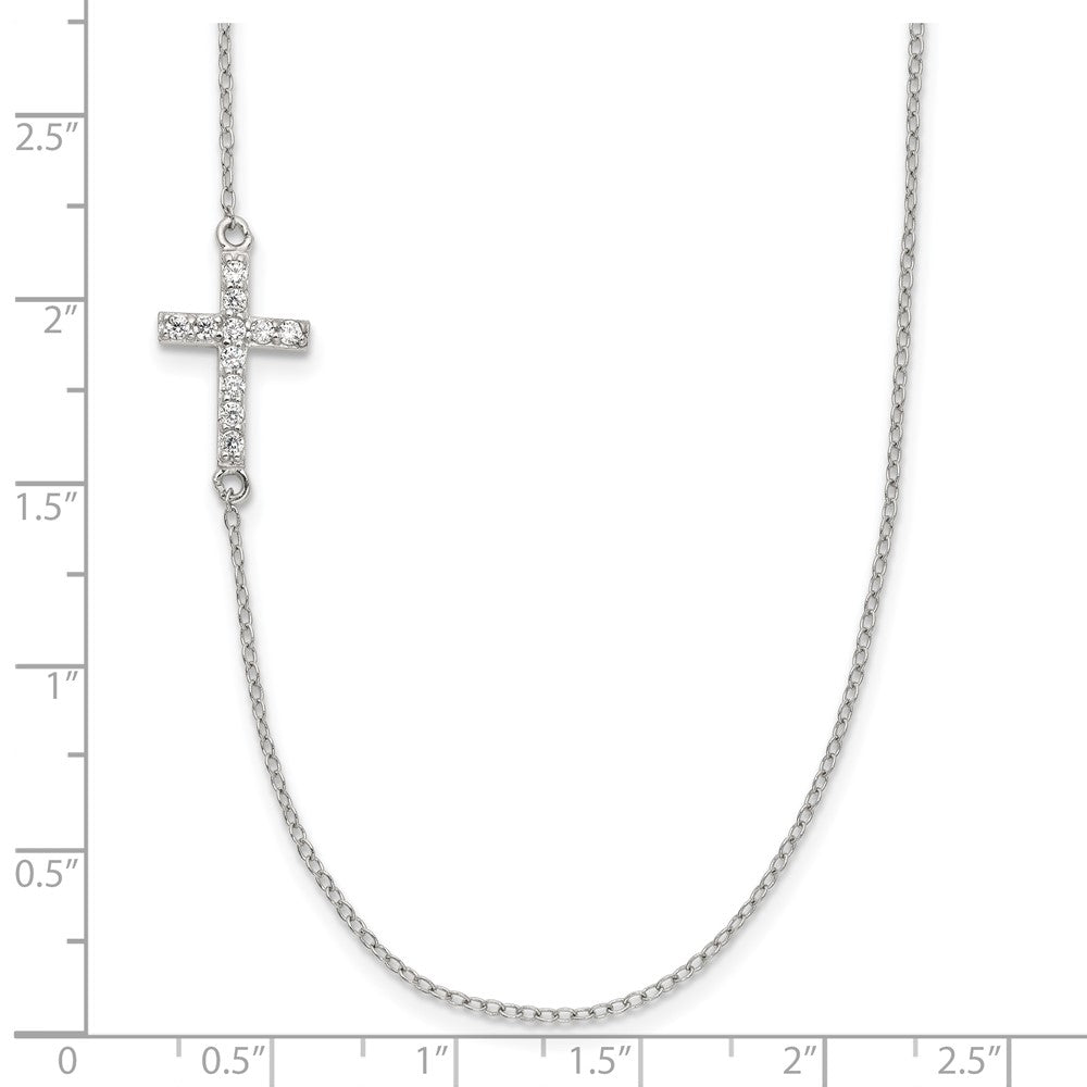 Sterling Silver Rhod-pltd CZ Offset Sideways Cross w/2in Ext Necklace