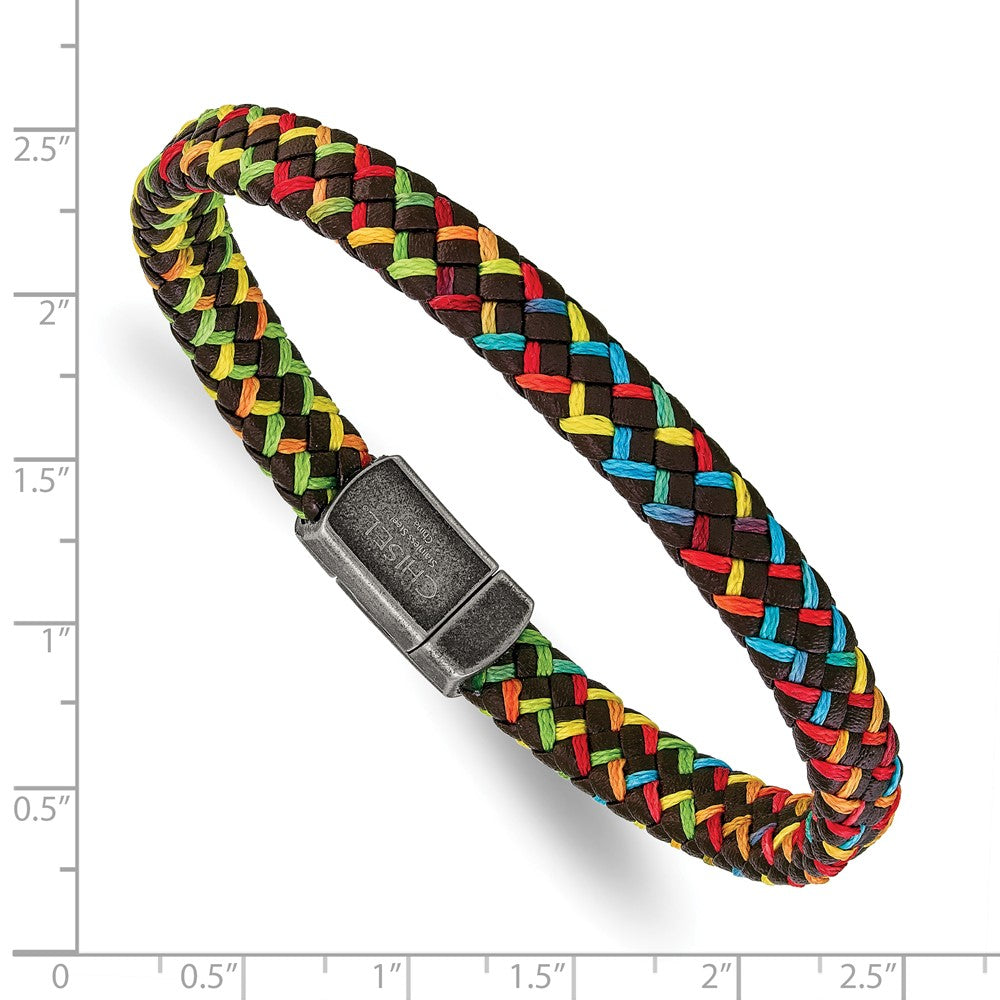 Stainless Steel Antiqued Brown Leather with Multi-colored Nylon Bracelet 8.25 inches