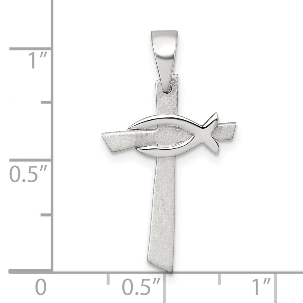 Sterling Silver Brushed Cross with Polished Ichthus Fish Pendant